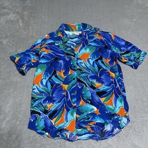 Vintage Jeri Marque Hawaiian Shirt Womens‎ 12 Blue Aloha Floral Button Rayon USA